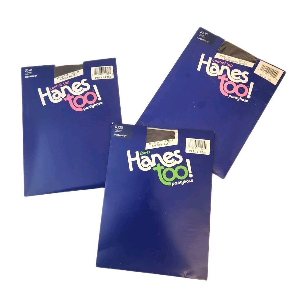 Vtg Hanes Too! Control Top Pretty Sz E-F Barely Black Sandalfoot Nylon Pantyhose